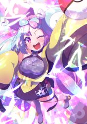 Rule 34 | 1girl, black skirt, blue hair, bow-shaped hair, breasts, character hair ornament, creatures (company), electricity, game freak, gen 1 pokemon, grey footwear, grey pantyhose, hair ornament, happy, hexagon print, highres, iono (pokemon), jacket, long hair, long sleeves, looking at viewer, low-tied long hair, magnemite, medium breasts, multicolored hair, nintendo, open mouth, oversized clothes, pantyhose, pink eyes, pink hair, poke ball, pokemon, pokemon sv, sharp teeth, shirt, single leg pantyhose, skirt, sleeveless, sleeveless shirt, sleeves past fingers, sleeves past wrists, smile, split-color hair, star (symbol), star in eye, sw (taco), symbol in eye, teeth, two-tone hair, very long hair, very long sleeves, x, yellow jacket