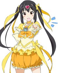 Rule 34 | 1girl, black hair, bow, brown eyes, bubble skirt, choker, circlet, cosplay, cure muse, cure muse (cosplay), cure muse (yellow), cure muse (yellow) (cosplay), face, k-on!, long hair, nakano azusa, open mouth, orange skirt, pointing, pointing at viewer, precure, round teeth, sidelocks, skirt, smile, solo, suite precure, teeth, twintails, umanosuke, very long hair, white background, yellow bow