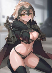 Rule 34 | 1girl, absurdres, armor, black bra, black panties, blonde hair, blush, bra, breasts, cape, chain, cleavage, fate/grand order, fate (series), fur-trimmed cape, fur trim, gauntlets, headpiece, highres, jeanne d&#039;arc (fate), jeanne d&#039;arc alter (avenger) (fate), jeanne d&#039;arc alter (fate), kneeling, lace, lace-trimmed bra, lace-trimmed panties, lace trim, large breasts, looking at viewer, middle finger, nasaca, navel, panties, pout, solo, thighhighs, thighs, underwear, yellow eyes