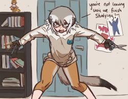 Rule 34 | 1girl, blocking, blocking way, book, book stack, bookshelf, commentary, door, drawing (object), english commentary, english text, figma, grey hair, highres, holding, holding pencil, kemono friends, kemono friends 3, looking at viewer, meerkat (kemono friends), meerkat ears, meerkat tail, pencil, scissors, serval (kemono friends), short hair, solo, tateoftot, two-tone sweater
