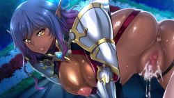 Rule 34 | aftersex, aoi nagisa (metalder), armor, breasts, censored, cleavage, cum, dark elf, delva celebrian, doggystyle, elf, hanging breasts, huge breasts, pointy ears, sex, sex from behind, tagme, youkoso! sukebe elf no mori e