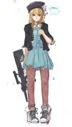 Rule 34 | 1girl, amnesia (idea factory), assault rifle, blonde hair, bullpup, dress, gun, hat, heroine (amnesia), highres, jacket, leather, leather jacket, long hair, open clothes, open jacket, panties (pantsu-pirate), pantyhose, pigeon-toed, plaid, plaid legwear, rifle, scope, shoes, sketch, sneakers, solo, weapon