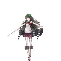 Rule 34 | 1girl, artist request, black hair, black skirt, blunt bangs, closed mouth, detached sleeves, flower, full body, gradient hair, green hair, hair flower, hair ornament, hair ribbon, holding, holding sword, holding weapon, hull shoes, kako (warship girls r), lace, lace-trimmed legwear, lace-trimmed sleeves, lace trim, long hair, looking at viewer, messy hair, multicolored hair, official art, outstretched arms, pleated skirt, red eyes, red ribbon, ribbon, rigging, sandals, sidelocks, skirt, sleeves past wrists, solo, spaghetti strap, standing, sword, tabi, thighhighs, torpedo tubes, transparent background, turret, very long hair, wakizashi, warship girls r, wavy hair, weapon, white thighhighs, zettai ryouiki