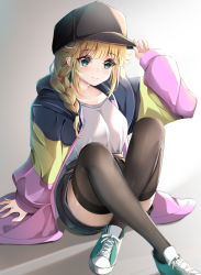 Rule 34 | 1girl, arm support, arm up, baseball cap, black hat, black shorts, black thighhighs, blonde hair, blue eyes, blush, braid, breasts, closed mouth, collarbone, commentary request, crossed legs, green footwear, grey background, hair over shoulder, hand on headwear, hat, highres, long hair, long sleeves, looking at viewer, mctom, medium breasts, paripi koumei, puffy long sleeves, puffy sleeves, shirt, shoes, short shorts, shorts, sitting, smile, solo, thighhighs, tsukimi eiko, twin braids, white shirt