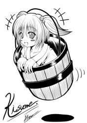Rule 34 | 1girl, a kimira, a kirima, bucket, female focus, greyscale, hair bobbles, hair ornament, in bucket, in container, kisume, monochrome, simple background, solo, touhou, twintails