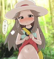 Rule 34 | 1girl, aqua shirt, backlighting, bad id, bad pixiv id, bag, bare shoulders, blurry, blurry background, blush, breasts, breath, brown eyes, brown hair, bush, creatures (company), day, female focus, forest, game freak, green background, groin, half-closed eyes, hands up, hat, japanese text, kamamau (krkrpee), leaf (pokemon), lifted by self, long hair, looking down, matching hair/eyes, miniskirt, nature, navel, nintendo, no panties, nose blush, open mouth, out-of-frame censoring, outdoors, own hands together, pleated skirt, pokemon, pokemon frlg, puff of air, pussy, red skirt, shirt, shoulder bag, sidelocks, skirt, sleeveless, sleeveless shirt, small breasts, solo, stomach, sun hat, sweat, thought bubble, translation request, tree, trembling, white hat