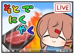 Rule 34 | 1girl, brown hair, commentary request, closed eyes, fake video, fire, food, hair between eyes, hair ornament, hairclip, kantai collection, long hair, meat, no nose, smile, solo, tashkent (kancolle), translation request, upper body, yuasa makoto