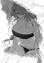 Rule 34 | 1girl, arknights, bikini, breasts, eyepatch, greyscale, hair ornament, hat, highres, iwashi 80, large breasts, long hair, monochrome, navel, sarong, sitting, straw hat, swimsuit, whisperain (arknights), white background, x hair ornament