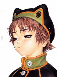 Rule 34 | absurdres, black hat, blue eyes, brown hair, eyelashes, form code, half-closed eyes, hat, highres, murata range, portrait, pout, scan, short hair, simple background, solo, white background