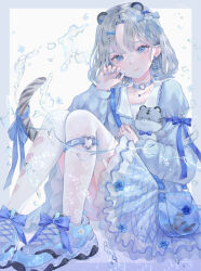 Rule 34 | 1girl, absurdres, animal ears, bag, blue bag, blue bow, blue bowtie, blue choker, blue eyes, blue footwear, blue nails, blue theme, border, bow, bowtie, choker, closed mouth, dress, earrings, floral print, frilled dress, frills, garter straps, grey border, grey dress, grey hair, hair bow, hair ornament, hairclip, handbag, heart, heart choker, heart earrings, highres, holding, holding stuffed toy, jewelry, knees up, light smile, long sleeves, looking at viewer, nail polish, necklace, original, pantyhose, parted bangs, powa (36iii), shoes, short hair, sitting, sneakers, solo, striped tail, stuffed animal, stuffed toy, tail, tail bow, tail ornament, teddy bear, water, white pantyhose