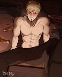 Rule 34 | 1boy, abs, bara, beard, blonde hair, blurry, blush, bottle, collarbone, commentary, curly eyebrows, depth of field, english commentary, facial hair, highres, indoors, kingidol, looking at viewer, male focus, muscular, muscular male, navel hair, nipples, one piece, pants, pectorals, sanji (one piece), signature, sitting, smile, smoking, solo, topless male, veins, veiny arms, wooden floor