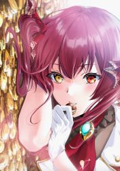 1girl coin gloves gold_coin hair_between_eyes heterochromia highres hololive houshou_marine long_hair lying on_side parted_lips red_eyes red_hair red_neckwear shunse solo upper_body virtual_youtuber white_gloves yellow_eyes