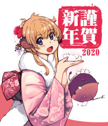 Rule 34 | 1girl, 2020, animal, animal on hand, blue eyes, chinese zodiac, commentary request, floral print, flower, fur collar, hair flower, hair ornament, horns, japanese clothes, kimono, light brown hair, looking at viewer, mil (xration), mouse (animal), obi, open mouth, pink kimono, ragnarok online, sash, solo focus, whitesmith (ragnarok online), year of the rat