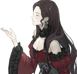 Rule 34 | 1girl, breasts, brown hair, cleavage, closed mouth, dorothea arnault, dress, closed eyes, fire emblem, fire emblem: three houses, jewelry, long hair, long sleeves, necklace, nintendo, pieces fe3h, simple background, solo, upper body, white background