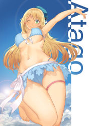 Rule 34 | 10s, 1girl, atago (kancolle), barefoot, bikini, blonde hair, breasts, cameltoe, cleavage, cloud, commentary request, day, female focus, from below, front-tie top, gradient background, green eyes, hat, highres, kantai collection, large breasts, lens flare, light rays, long hair, looking at viewer, looking down, madyy, navel, sky, smile, solo, sunlight, swimsuit, underboob