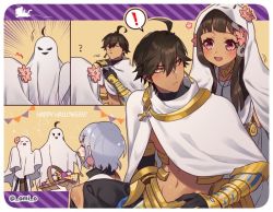 Rule 34 | 1girl, 2boys, ahoge, brown hair, closed mouth, comic, commentary request, dark-skinned female, dark-skinned male, dark skin, earrings, closed eyes, fate/grand order, fate/prototype, fate/prototype: fragments of blue and silver, fate (series), flower, hair flower, hair ornament, halloween, halloween costume, jewelry, long hair, moses (fate), multiple boys, nefertari (fate), omi (tyx77pb r2), open mouth, ozymandias (fate), pink eyes, short hair, silver hair, smile, twitter username, yellow eyes