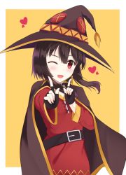 Rule 34 | 10s, 1girl, ;d, bad id, bad pixiv id, black gloves, black hair, cape, collar, dress, fingerless gloves, gloves, hat, highres, index finger raised, koi dance, kono subarashii sekai ni shukufuku wo!, looking at viewer, megumin, one eye closed, open mouth, red dress, red eyes, rko (a470350510), short hair, short hair with long locks, smile, solo, witch hat