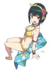 Rule 34 | 1girl, absurdres, arm support, armlet, bad id, bad twitter id, bikini, blush, bracelet, breasts, brown eyes, cleavage, cloba, commentary request, dated, flower, frilled bikini, frills, front-tie top, full body, green hair, hair flower, hair ornament, hairband, highres, idolmaster, idolmaster (classic), inactive account, jewelry, looking at viewer, medium breasts, mole, mole under mouth, navel, necklace, open mouth, otonashi kotori, short hair, side-tie bikini bottom, signature, simple background, sitting, smile, solo, swimsuit, towel, white background, wristband, yellow bikini, yellow hairband
