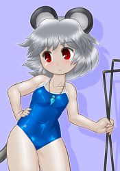Rule 34 | 1girl, animal ears, blue one-piece swimsuit, competition school swimsuit, dowsing rod, grey hair, hand on own hip, jewelry, mouse ears, mouse tail, nazrin, one-piece swimsuit, pendant, red eyes, school swimsuit, solo, swimsuit, tail, touhou, winn