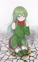 Rule 34 | 1girl, bandana, bare shoulders, between legs, black pantyhose, blush, boots, breasts, crying, dress, elbow gloves, embarrassed, female focus, fire emblem, fire emblem: mystery of the emblem, full body, gloves, green dress, green eyes, green footwear, green gloves, green hair, grey background, half-closed eyes, hand between legs, hand on own chest, hand up, headband, highres, ikapon taro, knee boots, kneeling, long hair, matching hair/eyes, medium breasts, nintendo, open mouth, outdoors, palla (fire emblem), pantyhose, pee, peeing, peeing self, puddle, raised eyebrows, red bandana, seiza, short dress, side slit, sidelocks, sitting, sleeveless, sleeveless dress, solo, steam, tears, thighhighs, wet, wet clothes, wet dress, white headband, white thighhighs