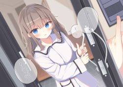 Rule 34 | 1girl, blue eyes, blurry, blurry background, blush, brown hair, collared shirt, commentary request, depth of field, doorbell, hair between eyes, highres, long hair, long sleeves, looking at viewer, loungewear, open door, original, parted lips, sashima, shirt, solo focus, translation request, white shirt, wide sleeves