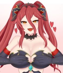 Rule 34 | 1girl, artist request, bare shoulders, black choker, blush, grabbing another&#039;s breast, breasts, choker, cleavage, closed mouth, dragalia lost, dragon, dragon girl, dragon horns, fang, fur choker, grabbing, grabbing own breast, halloween, halloween costume, heart, highres, horns, large breasts, mym (dragalia lost), one eye closed, orange eyes, red hair, simple background, smile, solo, tiara, torn clothes, twintails, upper body