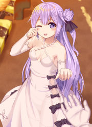 Rule 34 | 1girl, ;d, ahoge, azur lane, bad id, bad pixiv id, bare shoulders, black bow, black ribbon, blurry, blurry background, blush, bow, collarbone, commentary request, criss-cross halter, detached sleeves, dress, fingernails, gloves, hair between eyes, hair bun, hair ribbon, halterneck, happy tears, long hair, long sleeves, looking at viewer, one eye closed, one side up, open mouth, out of frame, outdoors, pov, pov hands, purple eyes, purple hair, ribbon, see-through, side bun, single hair bun, single side bun, smile, solo focus, sunset, tears, tukino neru, unicorn (azur lane), very long hair, white dress, white gloves, white sleeves, wiping tears