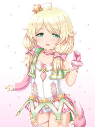 Rule 34 | 1girl, :d, ahoge, asymmetrical gloves, asymmetrical sleeves, blonde hair, blush, bow, collarbone, commentary request, cowboy shot, crown, detached sleeves, fur-trimmed gloves, fur trim, gloves, gradient background, green eyes, hair bow, hand up, highres, idolmaster, idolmaster cinderella girls, long hair, long sleeves, looking at viewer, low twintails, mini crown, open mouth, petals, pink background, pink bow, pink gloves, pink sleeves, puffy long sleeves, puffy sleeves, shirt, short shorts, shorts, single detached sleeve, single glove, smile, solo, star (symbol), tilted headwear, twintails, u2 (5798239), uneven gloves, uneven sleeves, white background, white shirt, white shorts, yusa kozue
