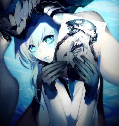 Rule 34 | 10s, 1girl, abyssal ship, aqua eyes, artist self-reference, bad id, bad pixiv id, black gloves, gloves, hat, kantai collection, kodama (wa-ka-me), looking at viewer, pale skin, photo (object), silver hair, solo, tentacles, wo-class aircraft carrier