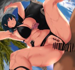 Rule 34 | 1boy, 1girl, bad id, bad pixiv id, bare shoulders, bent over, bikini, black bikini, black capelet, blue eyes, blue hair, blue sky, blush, breasts, byleth (female) (fire emblem), byleth (female) (summer) (fire emblem), byleth (fire emblem), cafekun, capelet, cleavage, fire emblem, fire emblem: three houses, fire emblem heroes, highres, large breasts, looking at viewer, medium hair, navel, nintendo, official alternate costume, one eye closed, penis, pussy, sky, sweat, swimsuit, thighs