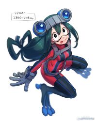 Rule 34 | 1girl, :&gt;, asui tsuyu, black eyes, bodysuit, boku no hero academia, frog girl, from above, gloves, goggles, goggles on head, green hair, hair between eyes, hair rings, long hair, looking at viewer, low-tied long hair, ohhhhhhtsu, red bodysuit, simple background, solo, tongue, tongue out, twitter username, white background, white gloves
