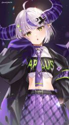 Rule 34 | 1girl, ahoge, belt, black belt, black jacket, blush, breasts, choker, collared shirt, crescent, crescent hair ornament, cropped shirt, cross hair ornament, demon horns, ear piercing, fang, flame print, grey hair, hair ornament, highres, hololive, horns, jacket, la+ darknesss, la+ darknesss (casual), looking at viewer, multicolored hair, navel, necktie, official alternate costume, piercing, plaid, plaid skirt, pointy ears, purple choker, purple hair, purple necktie, purple skirt, shirt, short hair, skin fang, skirt, sleeves past fingers, sleeves past wrists, small breasts, solo, streaked hair, sushida0k, virtual youtuber, white shirt, yellow eyes