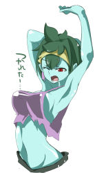 Rule 34 | 1girl, armpits, arms up, bare arms, breasts, colored skin, gokuu (acoloredpencil), green hair, green skin, hairband, highres, large breasts, midriff, navel, no bra, one eye closed, open mouth, red eyes, rottytops, shantae (series), short hair, solo, stomach, tank top, yawning, yellow hairband, zombie