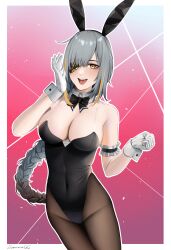 Rule 34 | 1girl, animal ears, bare shoulders, black bow, black bowtie, black hairband, black leotard, black pantyhose, blonde hair, bow, bowtie, braid, breasts, brown hair, cleavage, covered navel, darkpulsegg, detached collar, eyepatch, fake animal ears, girls&#039; frontline, gloves, gradient hair, grey hair, hairband, highleg, highleg leotard, highres, large breasts, leotard, long braid, long hair, looking at viewer, m16a1 (boss) (girls&#039; frontline), mole, mole under eye, multicolored hair, open mouth, orange eyes, orange hair, pantyhose, playboy bunny, rabbit ears, simple background, single braid, smile, solo, strapless, strapless leotard, streaked hair, tongue, very long hair, white gloves, wrist cuffs, wristband, yellow eyes