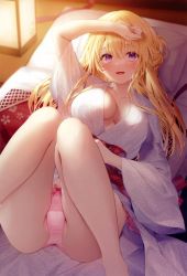 Rule 34 | 1girl, :d, absurdres, bare legs, barefoot, blonde hair, blue kimono, blush, bow, bow panties, breasts, cleavage, collarbone, eyelashes, fingernails, futon, hair between eyes, half updo, hand on forehead, highres, indoors, japanese clothes, kimono, knees up, lantern, large breasts, long hair, long sleeves, looking at viewer, lying, m legs, melonbooks, navy (navy.blue), night, non-web source, obi, open clothes, open mouth, original, panties, pillow, pink bow, pink panties, purple eyes, sash, sidelocks, smile, solo, tatami, underwear, wide sleeves, yukata