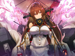 Rule 34 | 1girl, bare shoulders, breasts, brown hair, cherry blossoms, detached sleeves, flower, hair between eyes, hair flower, hair ornament, headgear, highres, kantai collection, large breasts, long hair, looking at viewer, oil-paper umbrella, petals, pink eyes, pink flower, ponytail, rigging, skirt, smile, solo, sunday aki, tassel, turret, umbrella, very long hair, white skirt, wide sleeves, yamato (kancolle), yamato kai ni (kancolle)