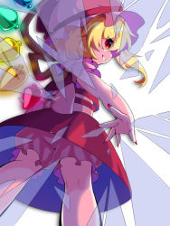 Rule 34 | 1girl, blonde hair, bloomers, feet out of frame, fingernails, flandre scarlet, from behind, from below, hat, hat ribbon, medium hair, mob cap, multicolored wings, nail polish, qmu, red eyes, red nails, red ribbon, red skirt, red vest, ribbon, sharp fingernails, side ponytail, skirt, skirt set, solo, touhou, underwear, upskirt, vest, white bloomers, wings