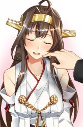 Rule 34 | 10s, 1boy, 1girl, :d, ahoge, bad id, bad pixiv id, bare shoulders, blush, breasts, brown hair, collarbone, detached sleeves, finger to another&#039;s cheek, gradient background, hair bun, head tilt, headgear, highres, japanese clothes, kantai collection, kimono, kongou (kancolle), long hair, long sleeves, medium breasts, nontraditional miko, open mouth, pallad, pink background, pov, red ribbon, ribbon, ribbon-trimmed sleeves, ribbon trim, single hair bun, sleeping, sleeping upright, sleeveless, sleeveless kimono, smile, solo focus, upper body, very long hair