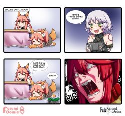Rule 34 | 3girls, 4koma, animal ear fluff, animal ears, animal hands, apron, arm belt, bandaged arm, bandages, bare shoulders, bell, blue kimono, blue ribbon, cat paws, closed eyes, collar, comic, commentary, controller, cucumber, detached sleeves, english text, facial scar, fangs, fate/apocrypha, fate/grand order, fate (series), food, fox ears, fox girl, fox tail, gloves, green eyes, hair ribbon, highres, jack the ripper (fate/apocrypha), japanese clothes, jingle bell, keita naruzawa, kimono, maid headdress, multiple girls, neck bell, one eye closed, paw gloves, paw shoes, pink hair, ponytail, red ribbon, remote control, ribbon, scar, scar across eye, scar on cheek, scar on face, shoes, shoulder tattoo, single glove, speech bubble, tail, tamamo (fate), tamamo cat (fate), tamamo cat (second ascension) (fate), tamamo no mae (fate/extra), tattoo, under table, vegetable, white hair, yellow eyes