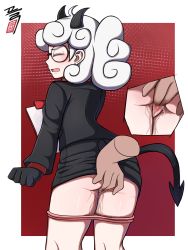 Rule 34 | 1girl, arm at side, artist name, ass, black gloves, black jacket, black skirt, blush, censored, clenched hand, closed eyes, clothes lift, commentary request, curly hair, demon tail, disembodied limb, fingering, formal, from behind, glasses, gloves, helltaker, highres, horns, jacket, korean commentary, layered sleeves, leaning forward, long hair, long sleeves, looking at viewer, looking back, mosaic censoring, pandemonica (helltaker), panties, panty pull, pink panties, plusion d, pussy, pussy juice, red sleeves, short hair, skirt, skirt lift, solo focus, spread pussy, suit, tail, underwear, white hair