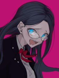 Rule 34 | 1girl, :d, black hair, blue eyes, blue hair, collared shirt, commentary request, crazy eyes, crazy smile, danganronpa (series), danganronpa v3: killing harmony, drooling, glasses, iumi urura, jacket, long hair, looking at viewer, mouth drool, open mouth, parted bangs, pink background, purple jacket, red neckwear, red ribbon, ribbon, shirogane tsumugi, shirt, simple background, smile, solo, teeth, upper body, upper teeth only