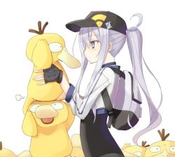 Rule 34 | 1girl, backpack, bag, baseball cap, black gloves, blush, closed mouth, cosplay, creatures (company), cropped jacket, crossover, female protagonist (pokemon go), female protagonist (pokemon go) (cosplay), fingerless gloves, from side, game freak, gen 1 pokemon, gloves, hair between eyes, hat, hibiki (kancolle), kantai collection, long hair, mochiki, nintendo, pokemon, pokemon go, ponytail, psyduck, simple background, white background