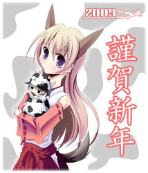 Rule 34 | 00s, 1girl, animal costume, animal ears, animal print, bad id, bad pixiv id, binzume suika, blonde hair, cow costume, cow print, detached sleeves, eila ilmatar juutilainen, japanese clothes, long hair, miko, purple eyes, sanya v. litvyak, solo, strike witches, tail, world witches series