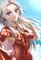 Rule 34 | 1girl, absurdres, blush, breasts, cape, cleavage, closed mouth, edelgard von hresvelg, fire emblem, fire emblem: three houses, fire emblem heroes, frilled one-piece swimsuit, frills, gem, hair ornament, hair ribbon, highres, long hair, looking at viewer, medium breasts, mu tu bu, nintendo, official alternate costume, one-piece swimsuit, purple eyes, red cape, red one-piece swimsuit, ribbon, silver hair, simple background, smile, solo, swimsuit