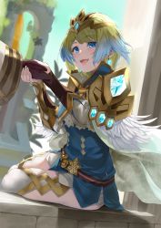 Rule 34 | 1boy, 1girl, armor, belt, blonde hair, blue eyes, blue hair, blush, cape, commentary request, day, dress, earrings, feather trim, fingernails, fire emblem, fire emblem heroes, fjorm (fire emblem), gloves, gradient hair, highres, jewelry, kiran (fire emblem), lips, long sleeves, multicolored hair, nintendo, open mouth, out of frame, outdoors, short dress, shoulder armor, simple background, sitting, smile, striped, thighhighs, tiara, two-tone hair, yappen