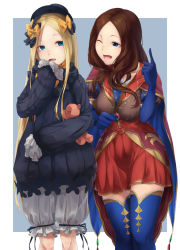 Rule 34 | 2girls, abigail williams (fate), blonde hair, blue background, blue eyes, blue gloves, blue thighhighs, bow, brown hair, cape, commentary request, dress, elbow gloves, fate/grand order, fate (series), gloves, hair bow, hat, highres, leonardo da vinci (fate), mori yashiro (konkon oyashiro), multicolored hair, multiple girls, multiple hair bows, one eye closed, open mouth, puff and slash sleeves, puffy sleeves, red dress, star (symbol), stuffed animal, stuffed toy, teddy bear, thighhighs, two-tone hair, white background