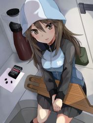 Rule 34 | 1girl, :d, blue hat, blue jacket, blush, brown eyes, brown hair, candy, eyebrows, food, from above, girls und panzer, gomashi (goma), hair between eyes, hat, highres, indoors, instrument, jacket, kantele, keizoku military uniform, long hair, long sleeves, looking at viewer, mika (girls und panzer), military, military uniform, open mouth, own hands together, pleated skirt, revision, salmiakki, sitting, skirt, smile, solo, track jacket, uniform, v arms