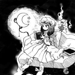 Rule 34 | 2girls, book, closed mouth, coat, commentary request, couch, crescent, crescent hat ornament, dress, expressionless, fairy maid (touhou), greyscale, hat, hat ornament, highres, jitome, kaigen 1025, long sleeves, mob cap, monochrome, multiple girls, no nose, on couch, open clothes, open coat, patchouli knowledge, pleated dress, reading, ribbon, sitting, sketch, star (symbol), touhou