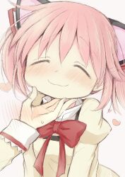 Rule 34 | 1girl, 1other, absurdres, animal ears, blush, bow, bowtie, cat ears, closed eyes, hand on another&#039;s chin, highres, hitode, kaname madoka, mahou shoujo madoka magica, mitakihara school uniform, nose blush, pink hair, red bow, red bowtie, school uniform, short hair, short twintails, twintails, upper body