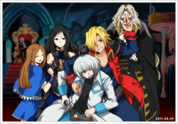 2girls 4boys alucard_(castlevania) black_coat black_hair blonde_hair blue_eyes blue_shawl border brown_hair castlevania:_harmony_of_despair castlevania_(series) charlotte_aulin coat dated dracula_(castlevania) grey_eyes jonathan_morris kidachi long_hair multiple_boys multiple_girls red_coat shanoa_(castlevania) shawl short_hair soma_cruz white_border white_coat white_hair